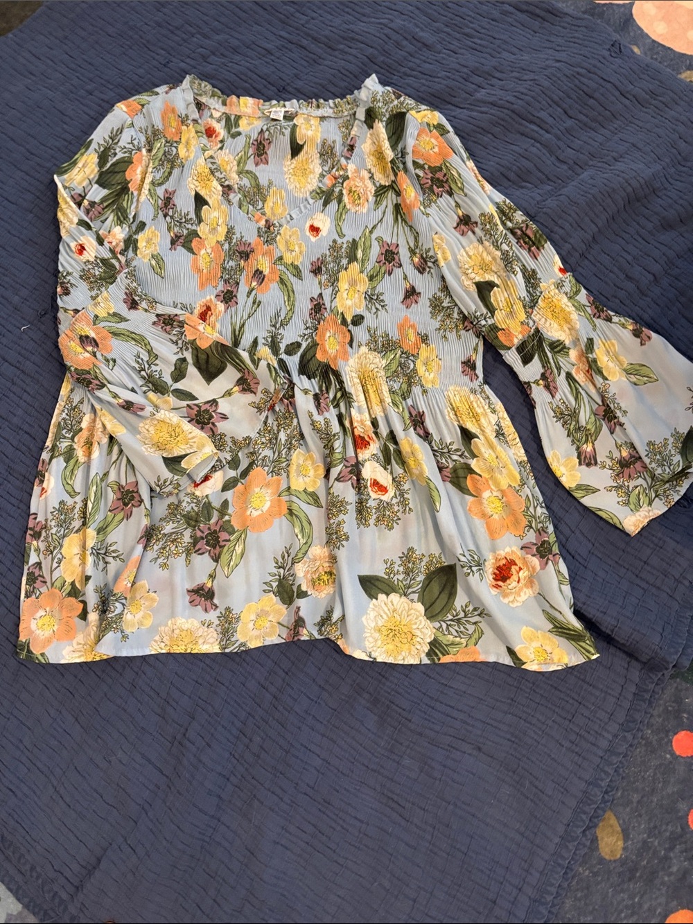 Spense Light Blue Floral Peplum Blouse with Yellow & Peach Blooms